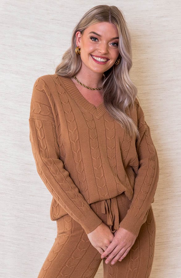 Zachtgebreide Kabelpatroon Broek Janice Cognac – shoparchief — foto 2