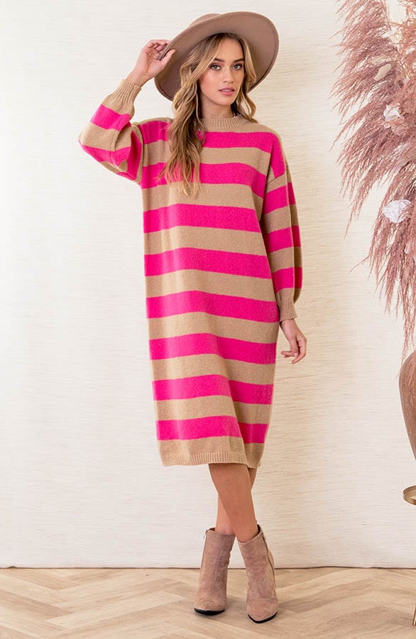 Gebreide Jurk Met Strepen Charley Fuchsia – shoparchief