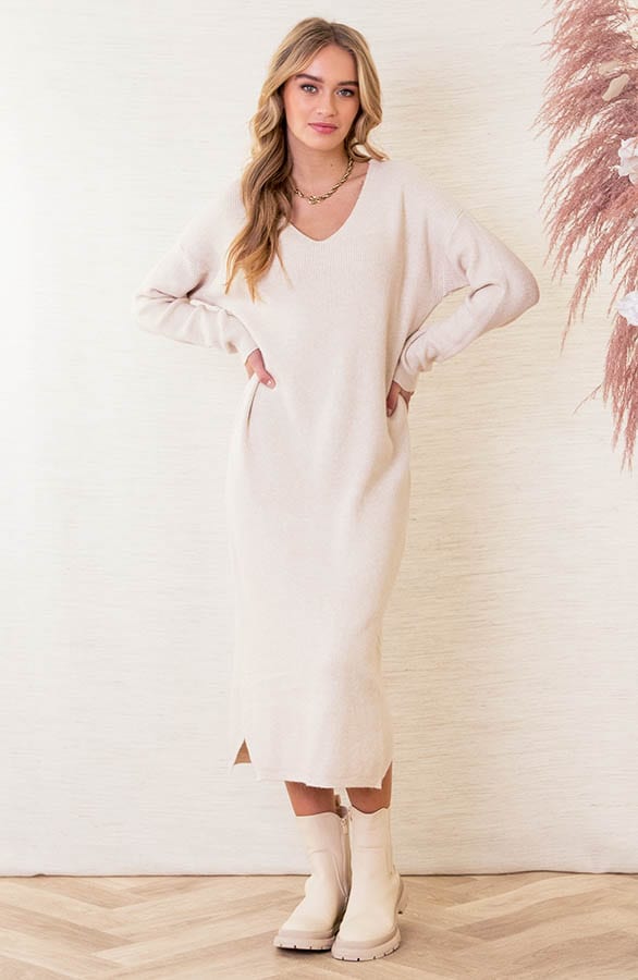 Midi Gebreide Jurk Lori Beige – shoparchief