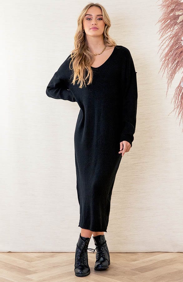 Midi Gebreide Jurk Lori Zwart – shoparchief