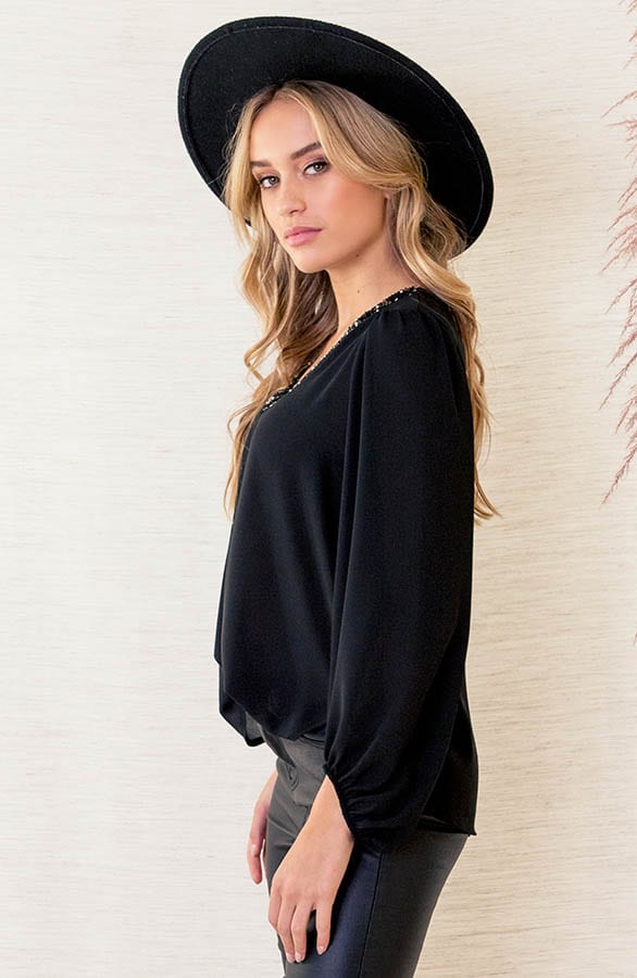 V-hals Pailletten Blouse Becky Zwart – shoparchief — foto 3