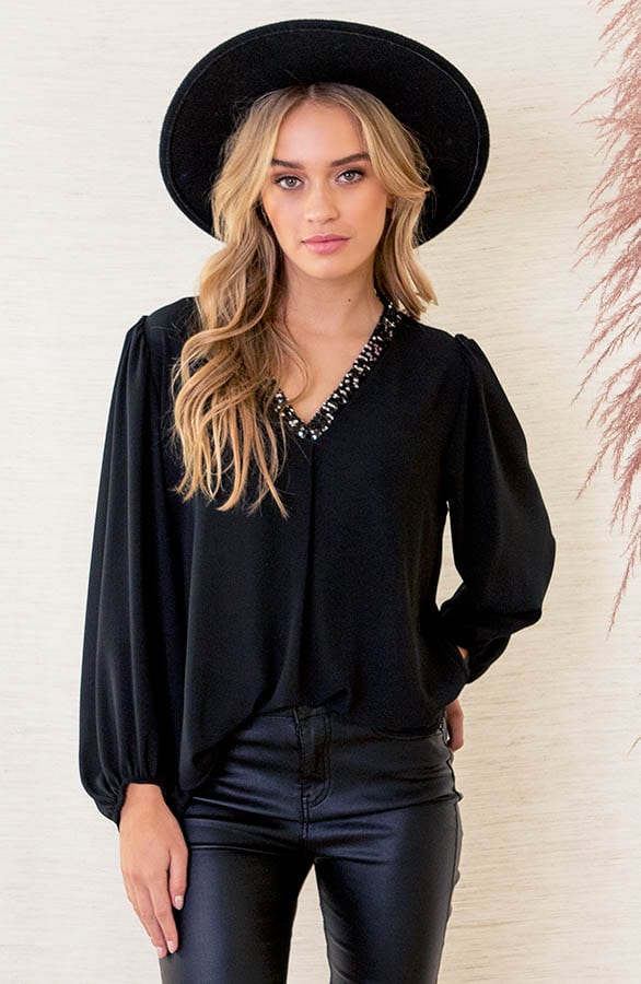 V-hals Pailletten Blouse Becky Zwart – shoparchief