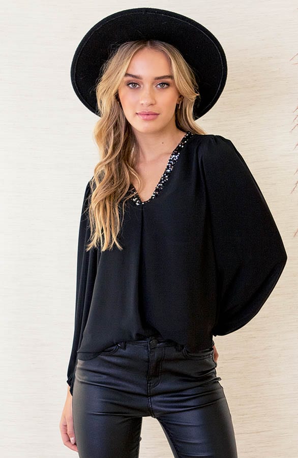 V-hals Pailletten Blouse Becky Zwart – shoparchief — foto 2