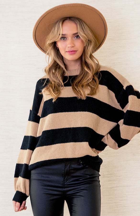 Gestreepte Trui Mylena Zwart Camel – shoparchief