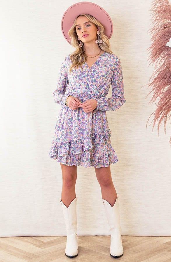 Ruches Bloemenprint Jurk Yinte Lila – shoparchief — foto 5