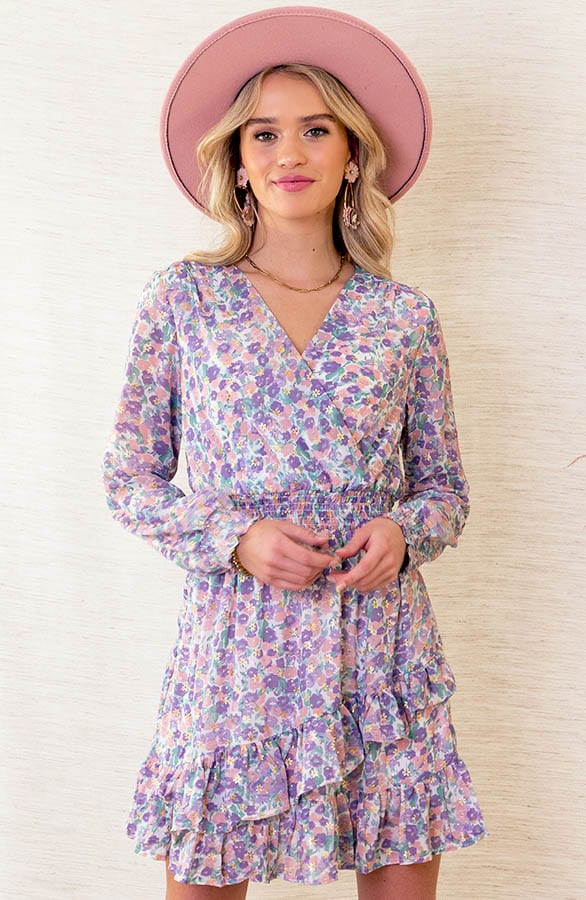 Ruches Bloemenprint Jurk Yinte Lila – shoparchief