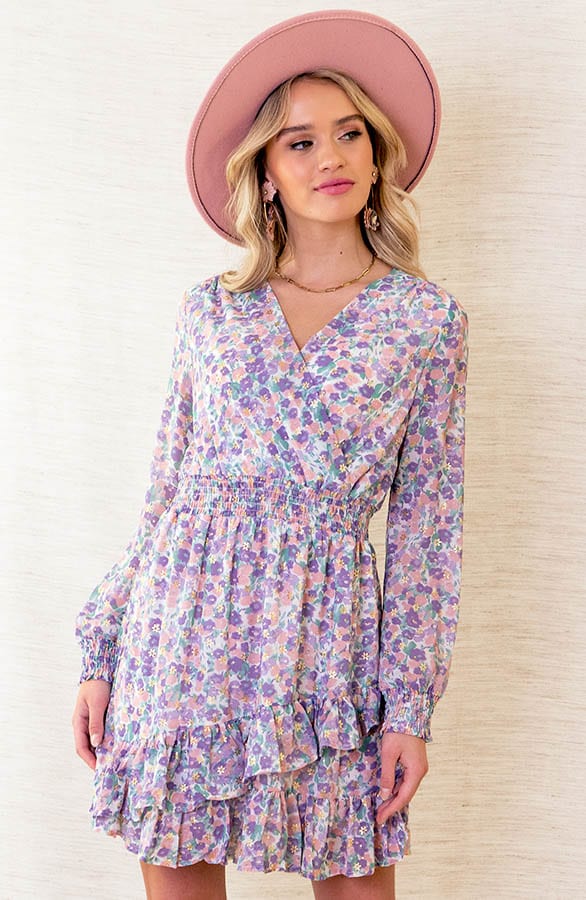 Ruches Bloemenprint Jurk Yinte Lila – shoparchief — foto 2