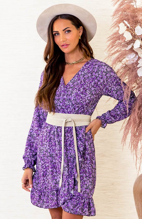 Bloemenprint Overslag Jurk Anouk Lila – shoparchief