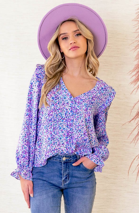 V-hals Bloesemprint Blouse June Lila – shoparchief — foto 2