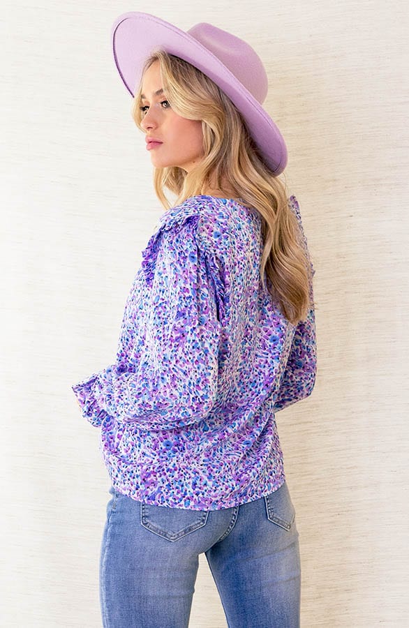 V-hals Bloesemprint Blouse June Lila – shoparchief — foto 3