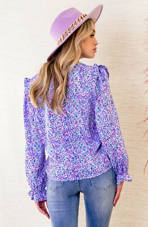 V-hals Bloesemprint Blouse June Lila – shoparchief — foto 4