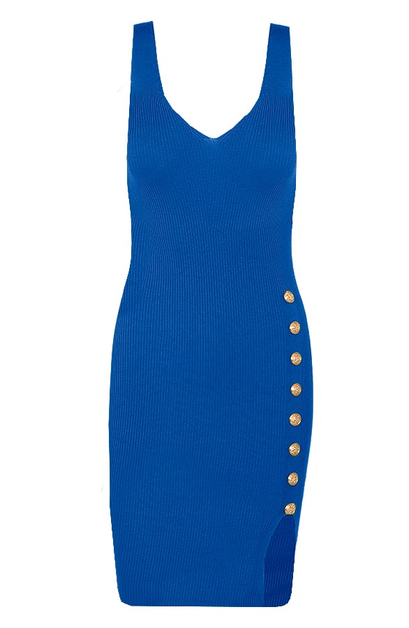 Ribstof Knopen Jurk Bonita Kobalt – shoparchief