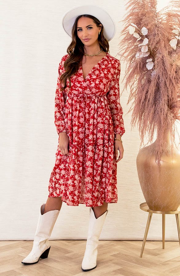 Floral Midi Jurk Charlotte Rood – shoparchief