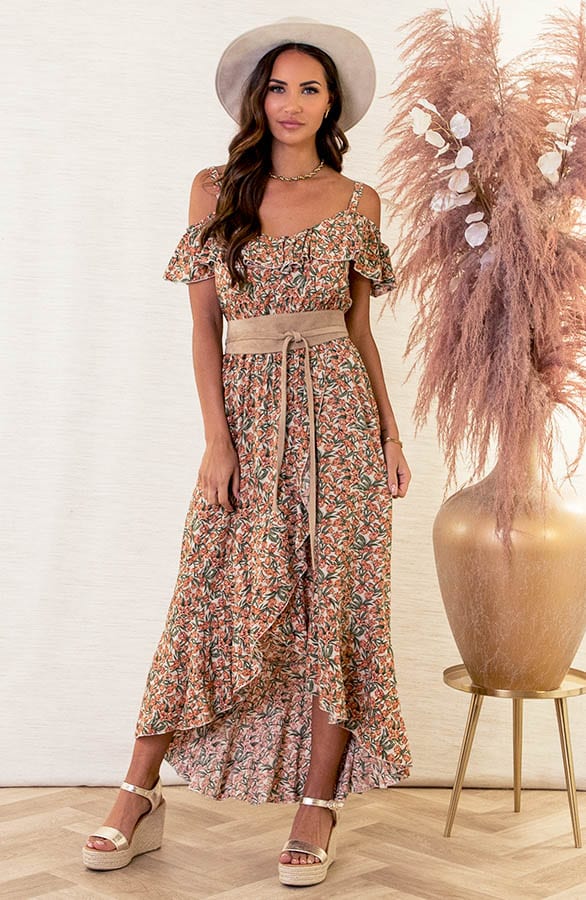 Print Jurk Met Ruffle Mouw Julot Beige – shoparchief