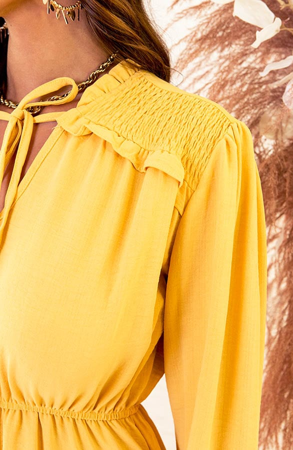 Smocked Schouder Jurk Romy Oker – shoparchief — foto 4