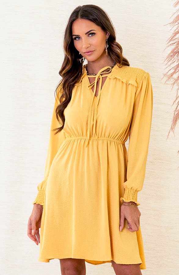 Smocked Schouder Jurk Romy Oker – shoparchief — foto 5