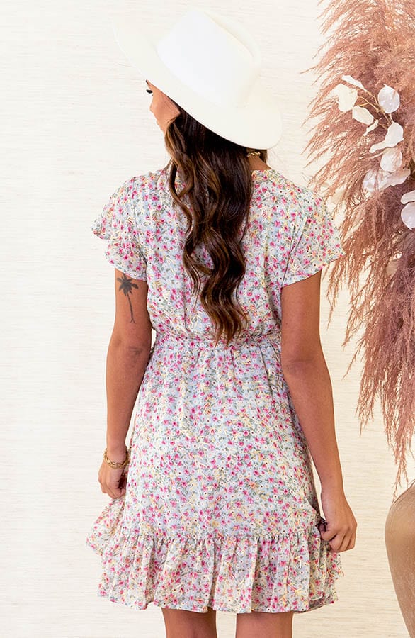 V-hals Bloemen Jurk Kimberly Blauw Roze – shoparchief — foto 4