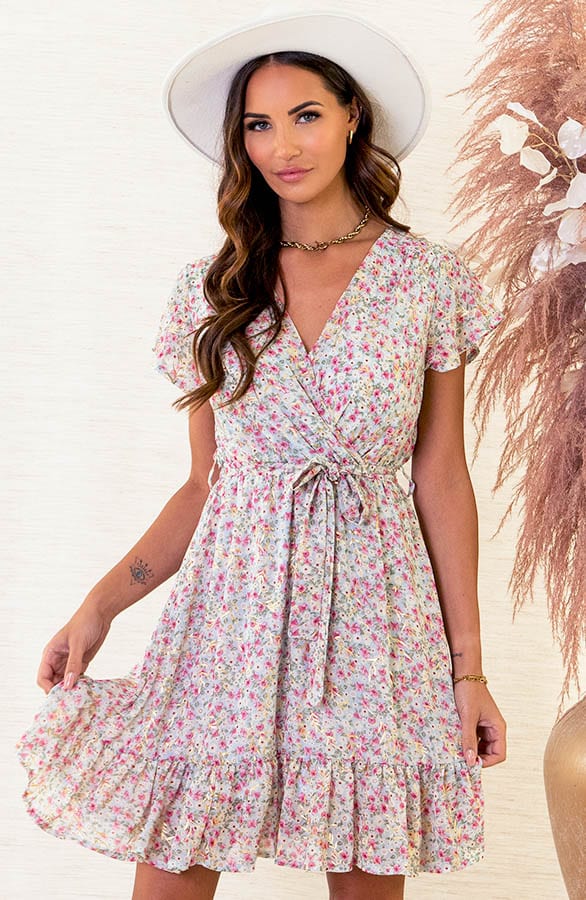 V-hals Bloemen Jurk Kimberly Blauw Roze – shoparchief — foto 2