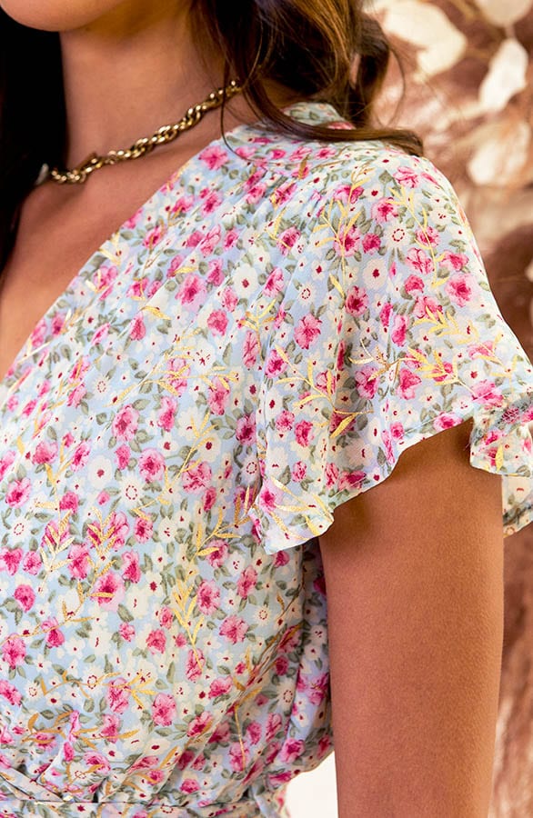 V-hals Bloemen Jurk Kimberly Blauw Roze – shoparchief — foto 5