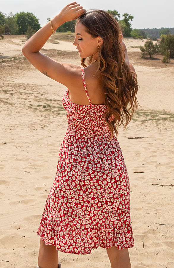 Bloemen Spaghetti Jurk Jacky Kort Wit Rood – shoparchief — foto 3