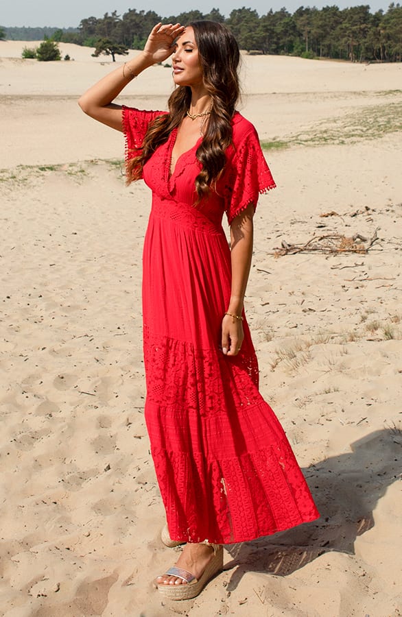 Embroidery Maxi Jurk Maureen Rood – shoparchief