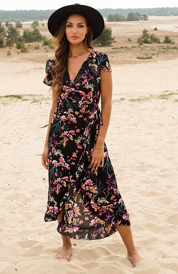 Midi Jurk Bloemenprint Jenny Zwart Roze – alle jurkjes — foto 5
