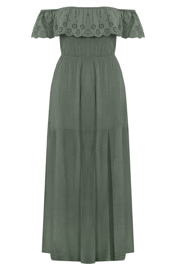 Off Shoulder Broderie Jurk Liza Army – shoparchief