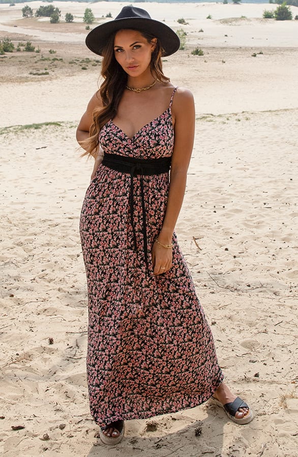 Bloemen Spaghetti Jurk Jacky Zwart Roze – shoparchief