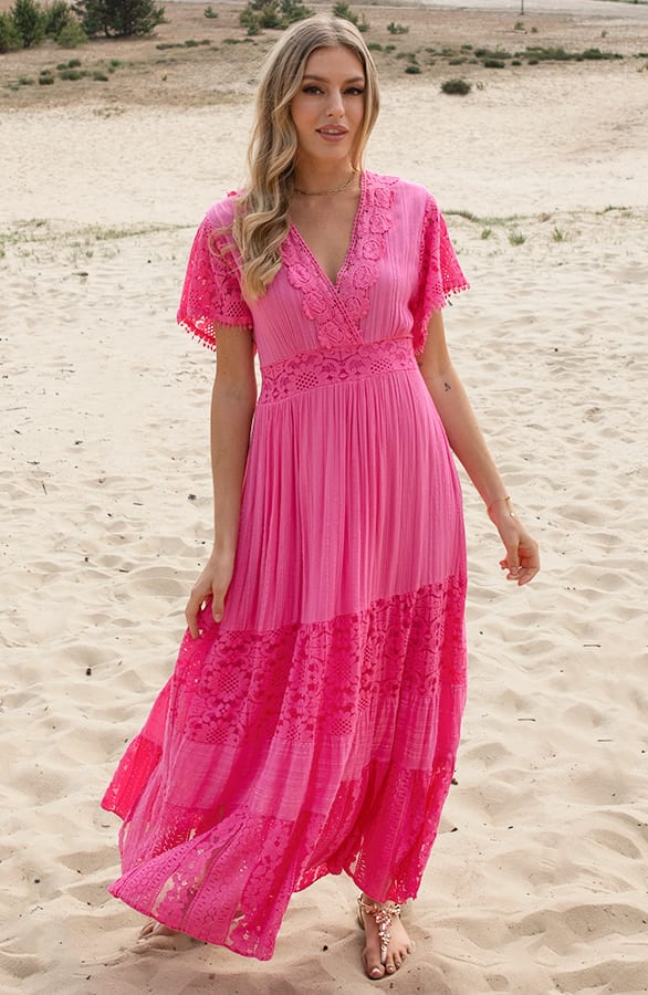 Embroidery Maxi Jurk Maureen Fuchsia – shoparchief