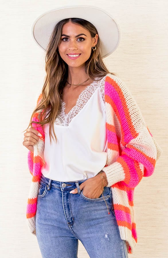 Gebreid Strepen Vest Kristy Roze Oranje – shoparchief