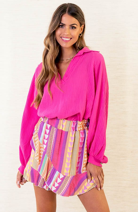 Katoenen Oversized V-hals Blouse Yenthe Fuchsia – shoparchief