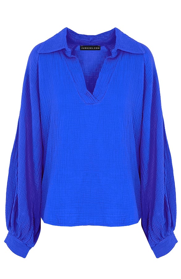 Katoenen Oversized V-hals Blouse Yenthe Kobalt – shoparchief