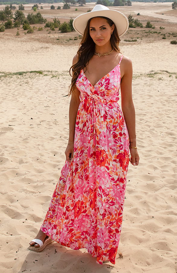 Maxi Jurk Met Bloemenprint Sara Roze Rood – shoparchief
