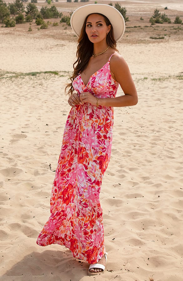 Maxi Jurk Met Bloemenprint Sara Roze Rood – shoparchief — foto 2