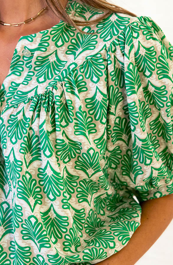 Print Blouse Met Pofmouwen Bianca Beige Groen – shoparchief — foto 4