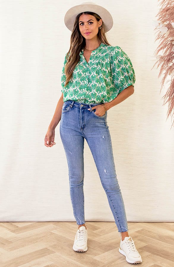 Print Blouse Met Pofmouwen Bianca Beige Groen – shoparchief — foto 5