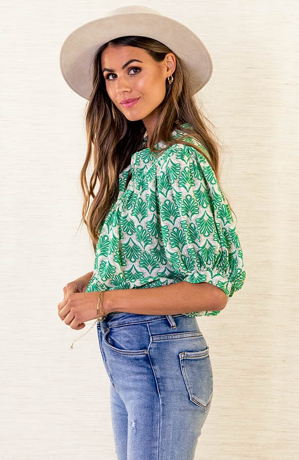 Print Blouse Met Pofmouwen Bianca Beige Groen – shoparchief — foto 3