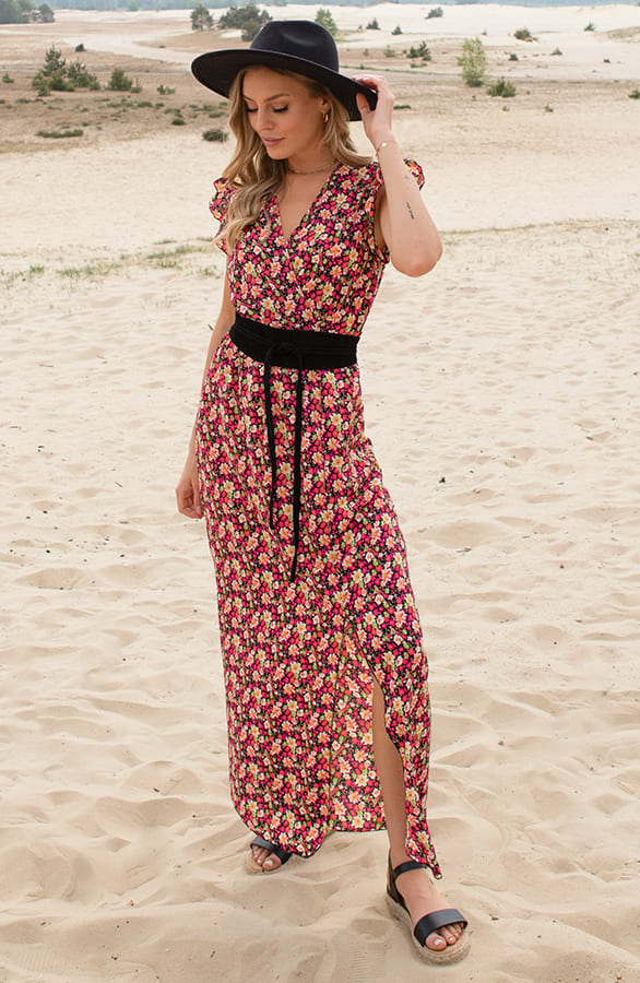 Ruches Midi Jurk Met Bloemenprint Jamie Zwart – shoparchief