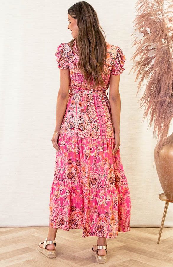 V-hals Maxi Jurk Boho Christine Fuchsia – shoparchief — foto 3