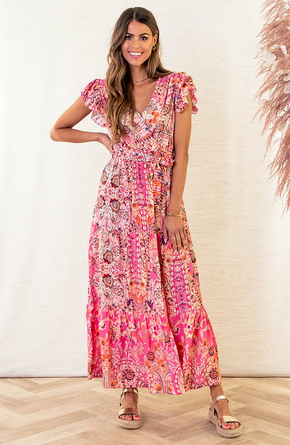 V-hals Maxi Jurk Boho Christine Fuchsia – shoparchief — foto 5