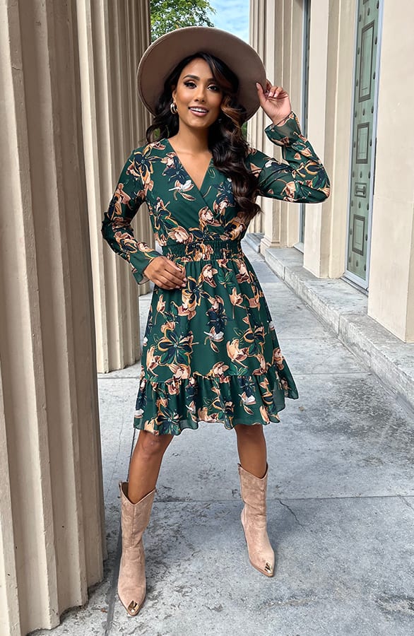 Bloemen V-hals Jurk Lauren Smaragd – shoparchief — foto 2