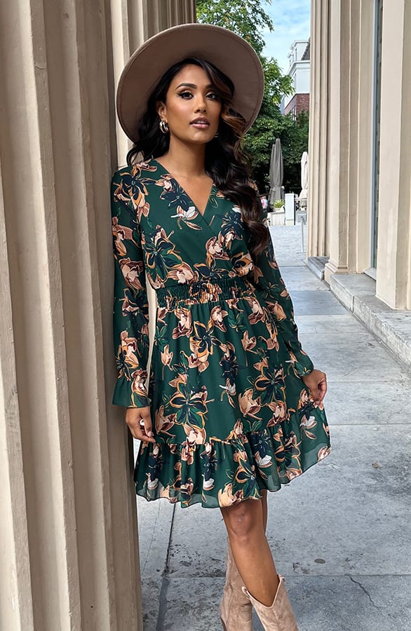 Bloemen V-hals Jurk Lauren Smaragd – shoparchief