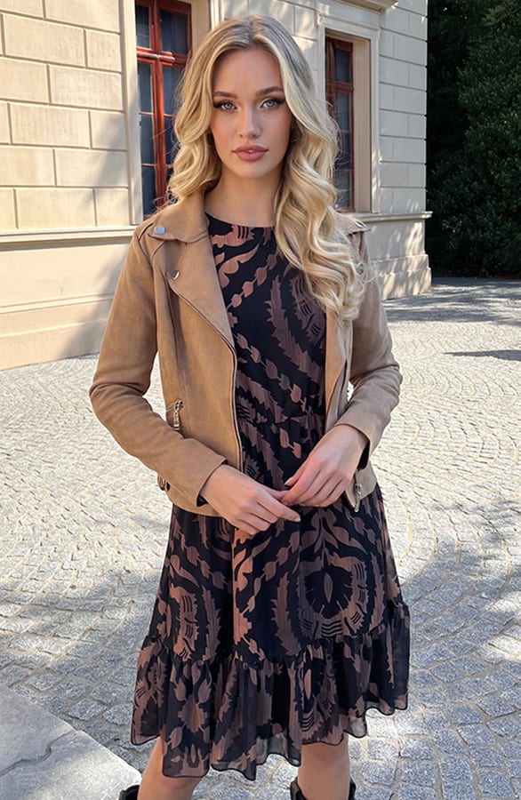 Ruches Print Jurk Rosan Zwart Camel – shoparchief — foto 10