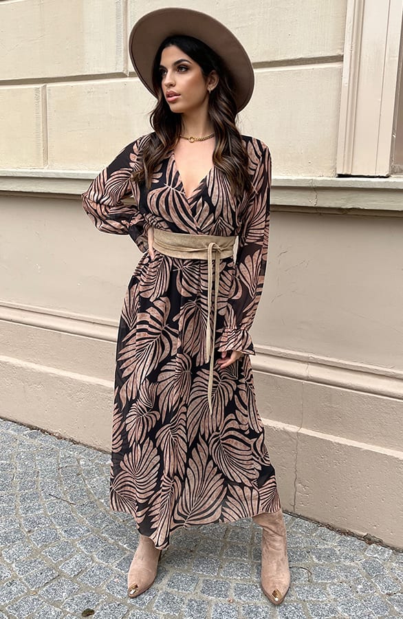 Lange Jurk Met Bladeren Cassie Zwart – shoparchief