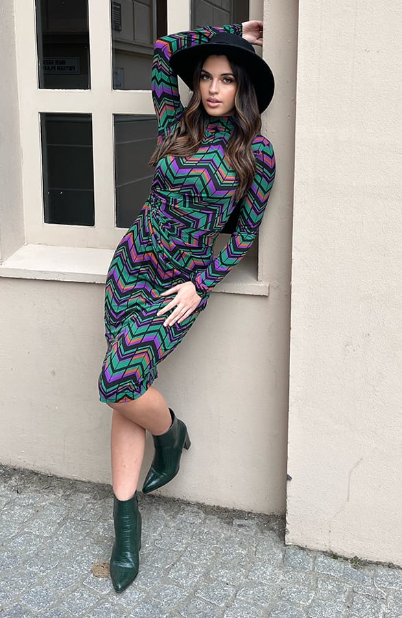 Midi Jurk Gedrapeerd Met Patroon Isalie Groen – shoparchief — foto 2