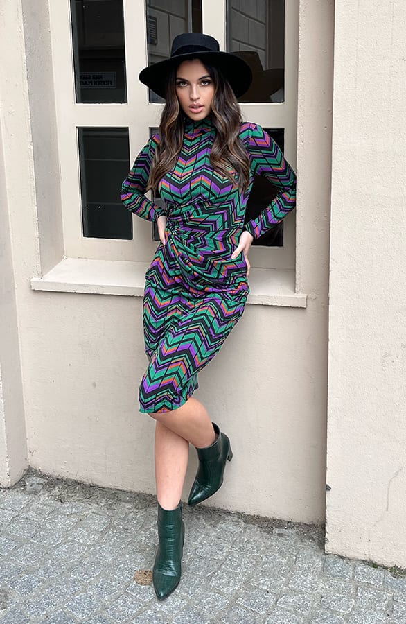 Midi Jurk Gedrapeerd Met Patroon Isalie Groen – shoparchief