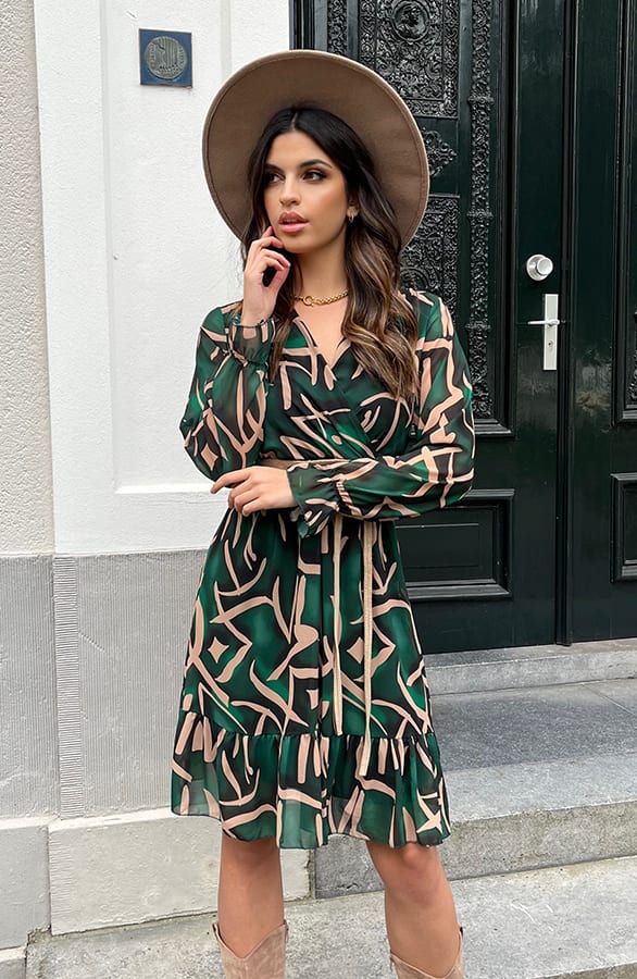 Print V-hals Jurk Lauren Smaragd Goud – shoparchief — foto 2
