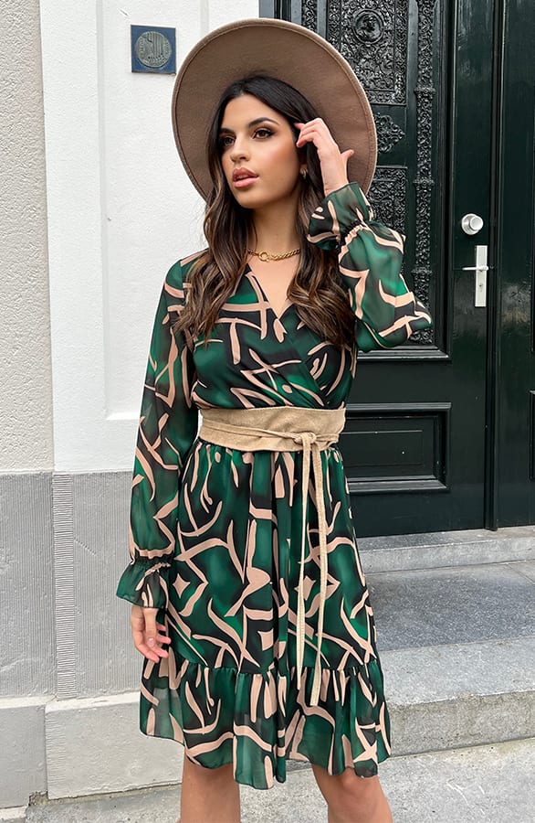 Print V-hals Jurk Lauren Smaragd Goud – shoparchief