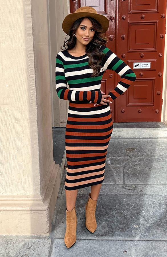 Ribstof Strepen Jurk Hilde Camel – shoparchief — foto 3