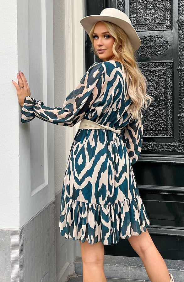 Ruches Print Jurk Rosan Petrol Beige – shoparchief — foto 5